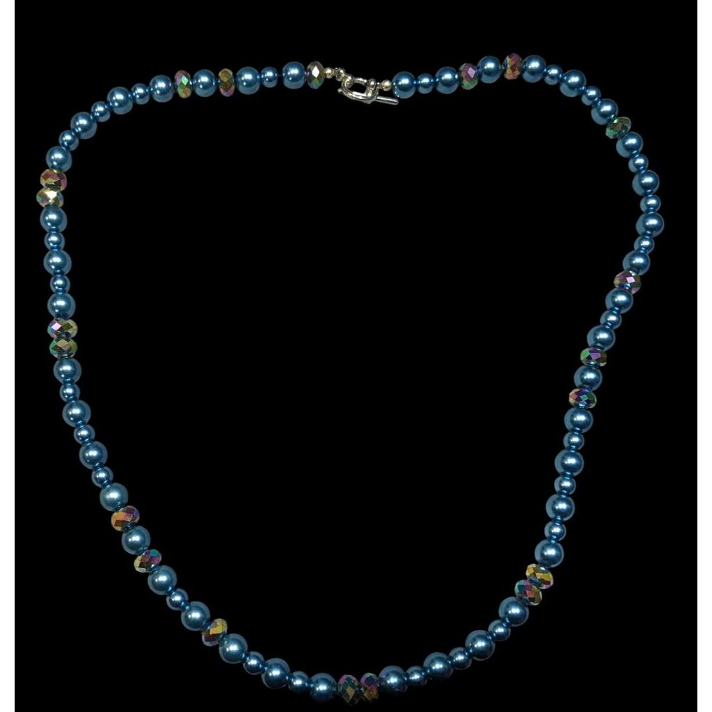 Handmade Mermaidcore Metallic Blue Faux Pearl And AB Glass Beaded Necklace